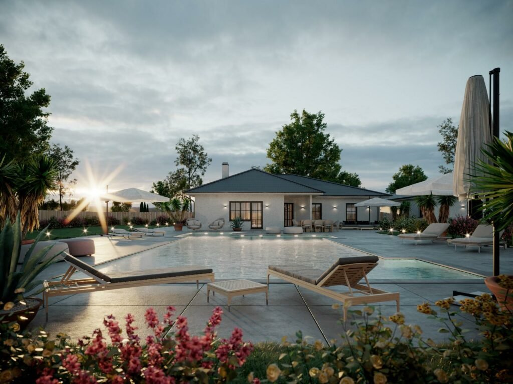 Simplex | Grundriss Winkelbungalow mit Walmdach und Terrasse